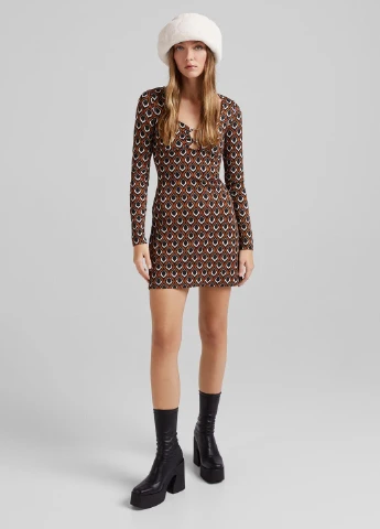 Комбінована сукня демісезон,чорний-коричневий-білий, Bershka
