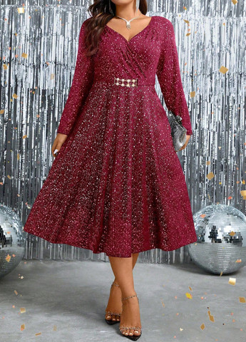 Бордовое кэжуал платье на запах, а-силуэт SHEIN с абстрактным узором