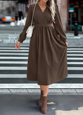 Коричневое кэжуал платье клеш SHEIN однотонное