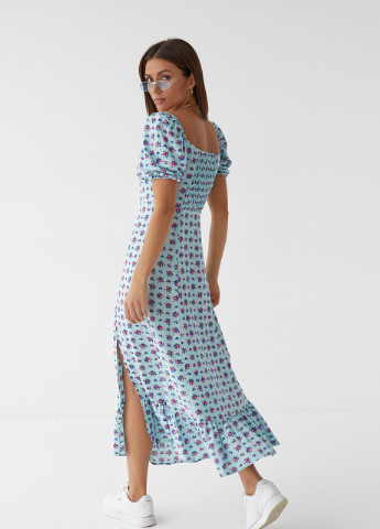 Бирюзовое кэжуал длинное цветочное платье с оборкой No Brand с цветочным принтом
