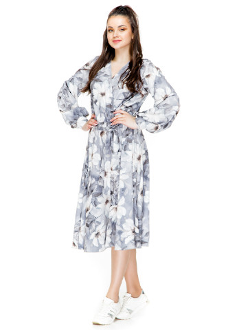 Серое кэжуал платье миди Alpama с цветочным принтом