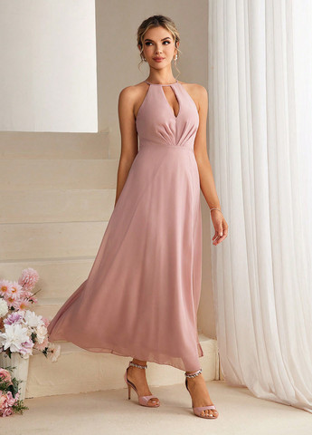 Розовое коктейльное платье с открытыми плечами SHEIN однотонное