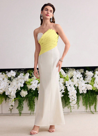 Комбінована вечірня, святковий сукня годе, з відкритими плечима, з відкритою спиною SHEIN колор блок