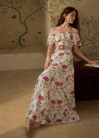 Кремовое кэжуал платье клеш, с открытыми плечами, с открытой спиной SHEIN с цветочным принтом