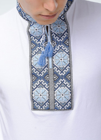 Біла вишиванка з коротким рукавом сонечко біла з блакитним Melanika візерунок геометричний приталена бавовна органічна (249631197)