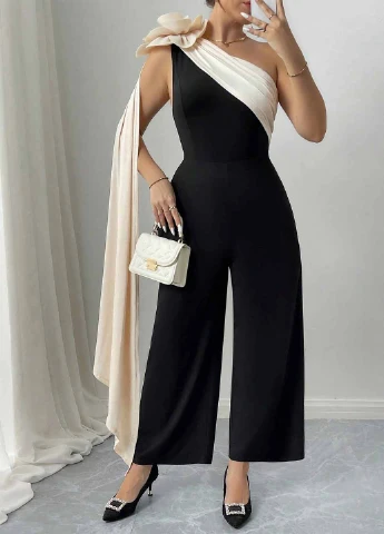 Комбінезон SHEIN комбінезон-брюки колор блок чорно-білий вечірній поліестер