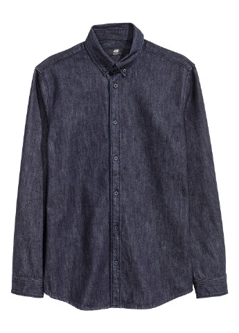 Темно-синяя джинсовая рубашка однотонная H&M с длинным рукавом