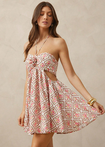 Комбинированное кэжуал платье клеш, с открытыми плечами, с открытой спиной, бандо SHEIN с цветочным принтом