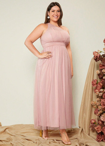 Светло-розовое вечернее платье а-силуэт, на одно плечо SHEIN однотонное