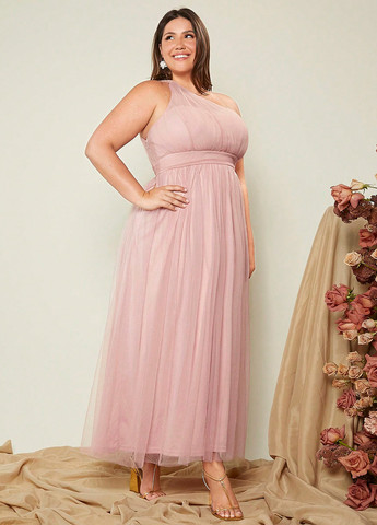 Светло-розовое вечернее платье а-силуэт, на одно плечо SHEIN однотонное