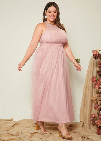 Светло-розовое вечернее платье а-силуэт, на одно плечо SHEIN однотонное