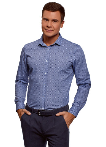 Синяя кэжуал рубашка с геометрическим узором Oodji с длинным рукавом
