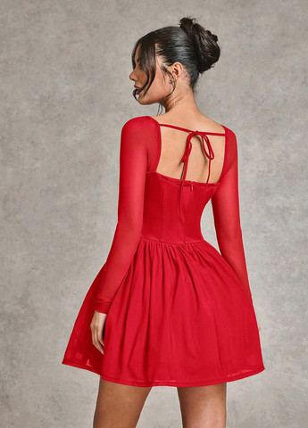 Красное праздничный, вечернее платье клеш, с корсетом, с открытой спиной SHEIN однотонное