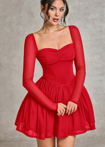 Красное праздничный, вечернее платье клеш, с корсетом, с открытой спиной SHEIN однотонное