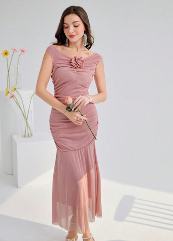 Пудрова вечірня сукня годе SHEIN однотонна