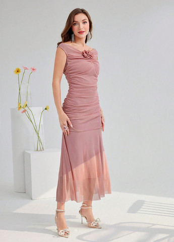 Пудрова вечірня сукня годе SHEIN однотонна