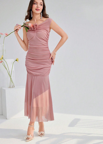 Пудрова вечірня сукня годе SHEIN однотонна