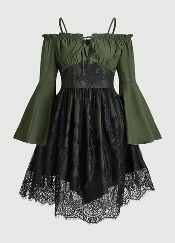 Оливковое (хаки) праздничный платье с открытыми плечами, клеш Romwe однотонное