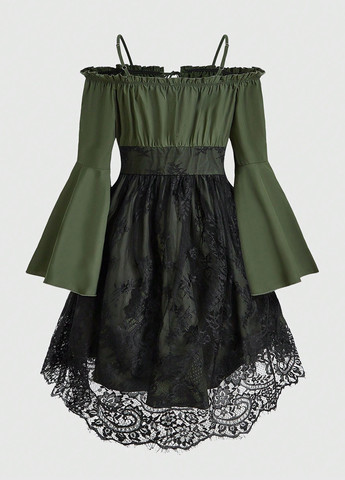 Оливковое (хаки) праздничный платье с открытыми плечами, клеш Romwe однотонное