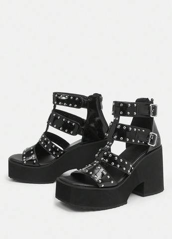 Черные босоножки SHEIN на молнии с заклепками, лаковые, с пряжкой
