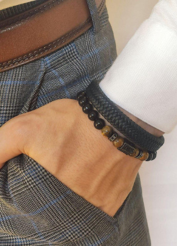 Елітні чоловічі Браслети зі шкіри та каміння Оніксу 18см No Brand (254398558)