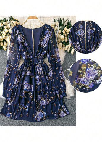 Темно-синее кэжуал платье а-силуэт SHEIN с цветочным принтом