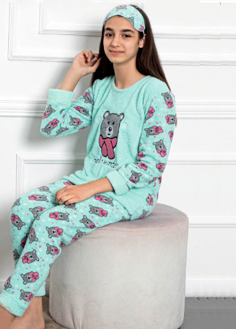 Мятная пижама теплая флисовая лонгслив + брюки Mini Moon