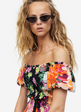 Комбинированное кэжуал платье с открытыми плечами H&M с цветочным принтом