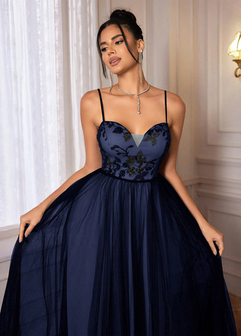 Темно-синя святковий, вечірня сукня з пишною спідницею SHEIN однотонна