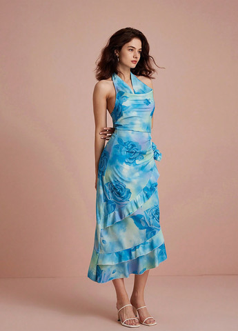 Комбинированное праздничный, кэжуал платье с открытой спиной SHEIN с цветочным принтом