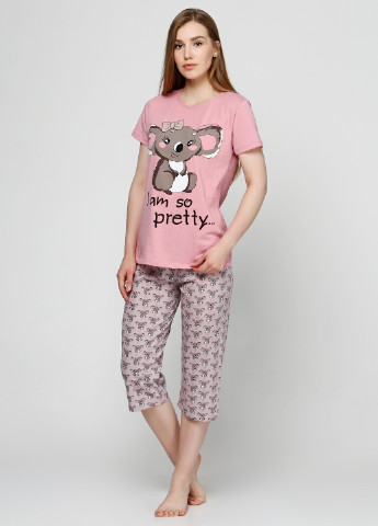 Розово-коричневая всесезон пижама (футболка, капри) Elitol