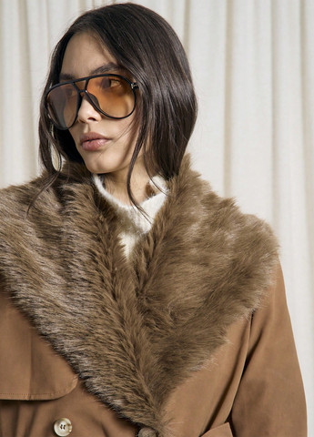 Коричневе демісезонне Пальто двобортне SHEIN