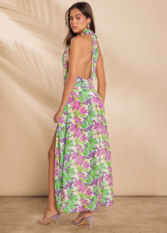 Комбинированное кэжуал платье клеш, с открытой спиной SHEIN с цветочным принтом