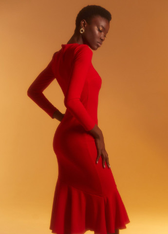Красное вечернее красное платье миди с оборкой Gepur однотонное