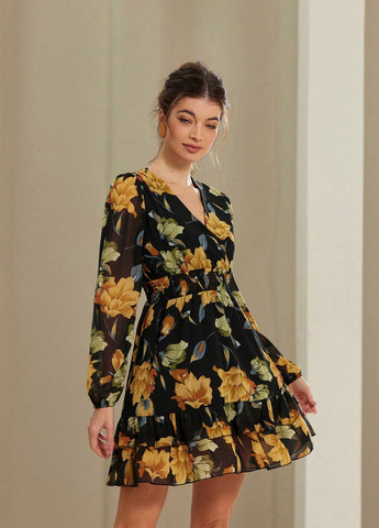 Чорна святковий, кежуал сукня на запах, а-силует SHEIN з квітковим принтом