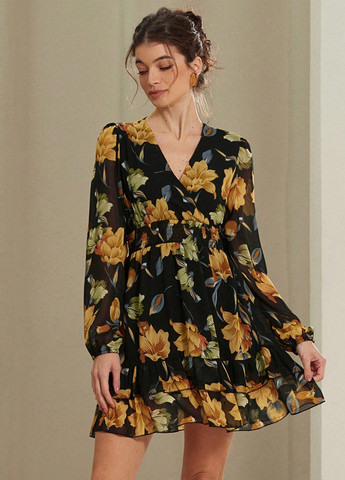 Чорна святковий, кежуал сукня на запах, а-силует SHEIN з квітковим принтом