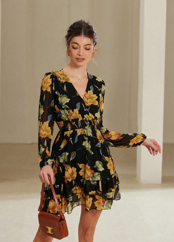 Чорна святковий, кежуал сукня на запах, а-силует SHEIN з квітковим принтом