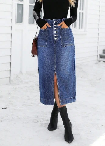 Синяя джинсовая однотонная юбка SHEIN а-силуэта (трапеция)