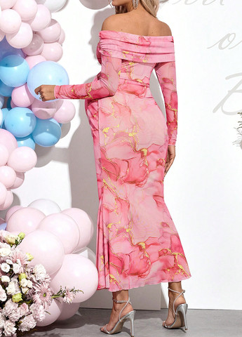 Рожева вечірня, кежуал сукня для вагітних силуетна, з відкритими плечима SHEIN тай-дай