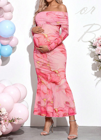 Рожева вечірня, кежуал сукня для вагітних силуетна, з відкритими плечима SHEIN тай-дай