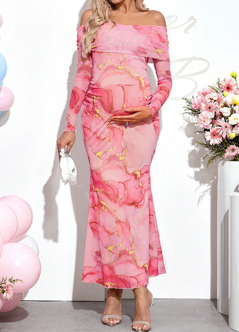 Рожева вечірня, кежуал сукня для вагітних силуетна, з відкритими плечима SHEIN тай-дай