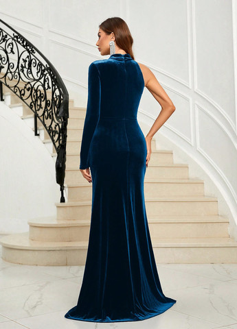 Темно-синее вечернее платье со шлейфом SHEIN однотонное