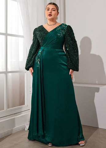 Темно-зеленое вечернее платье SHEIN однотонное