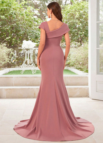 Розовое вечернее платье со шлейфом SHEIN однотонное