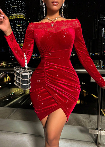 Червона вечірня сукня на запах, з відкритими плечима, силуетна SHEIN однотонна