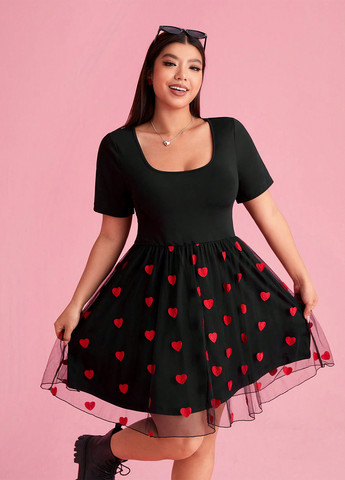 Черное праздничный, кэжуал платье клеш, а-силуэт, бэби долл SHEIN сердечки