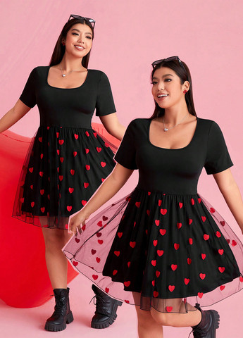 Черное праздничный, кэжуал платье клеш, а-силуэт, бэби долл SHEIN сердечки