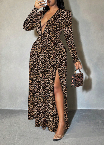 Коричнева святковий, вечірня сукня а-силует SHEIN леопардовий