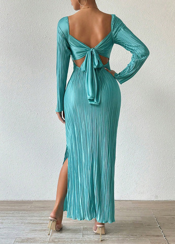 Бирюзовое праздничный, вечернее платье с открытой спиной, плиссированное SHEIN однотонное