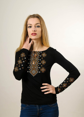 Женская вышитая футболка с длинным рукавом Карпатский орнамент коричневая вышивка Melanika (250206183)
